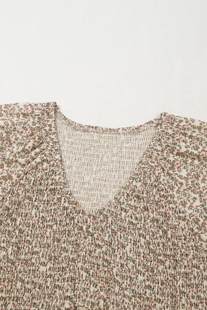 Floral Puff Sleeve Smocked V-Neck Top