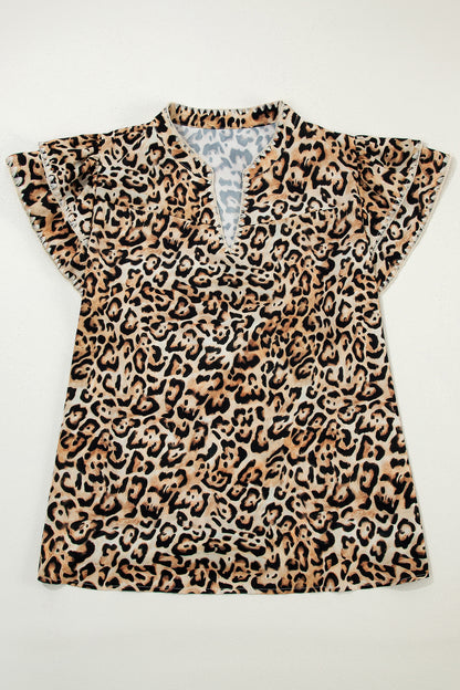 Plus Size Leopard Embroidered Ruffle Short Sleeve Blouse