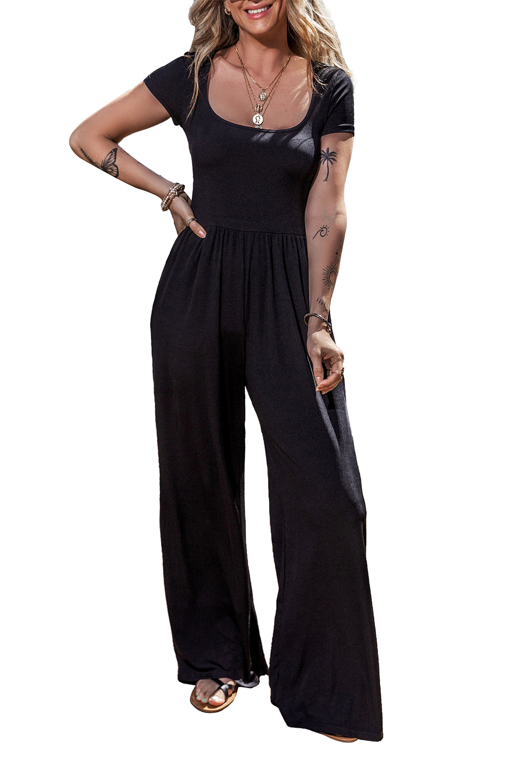 Pleated Scoop Neck Short Sleeve Jumpsuit