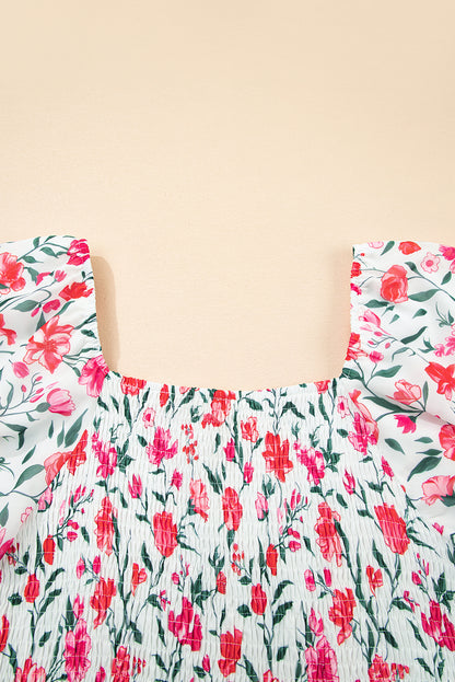 Floral Puff Sleeve Square Neck Tiered Dress