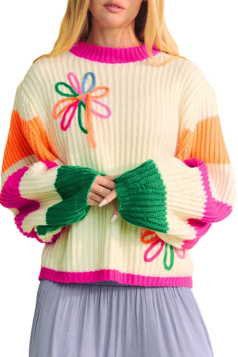 Colorblock Floral Cable Knit Sweater