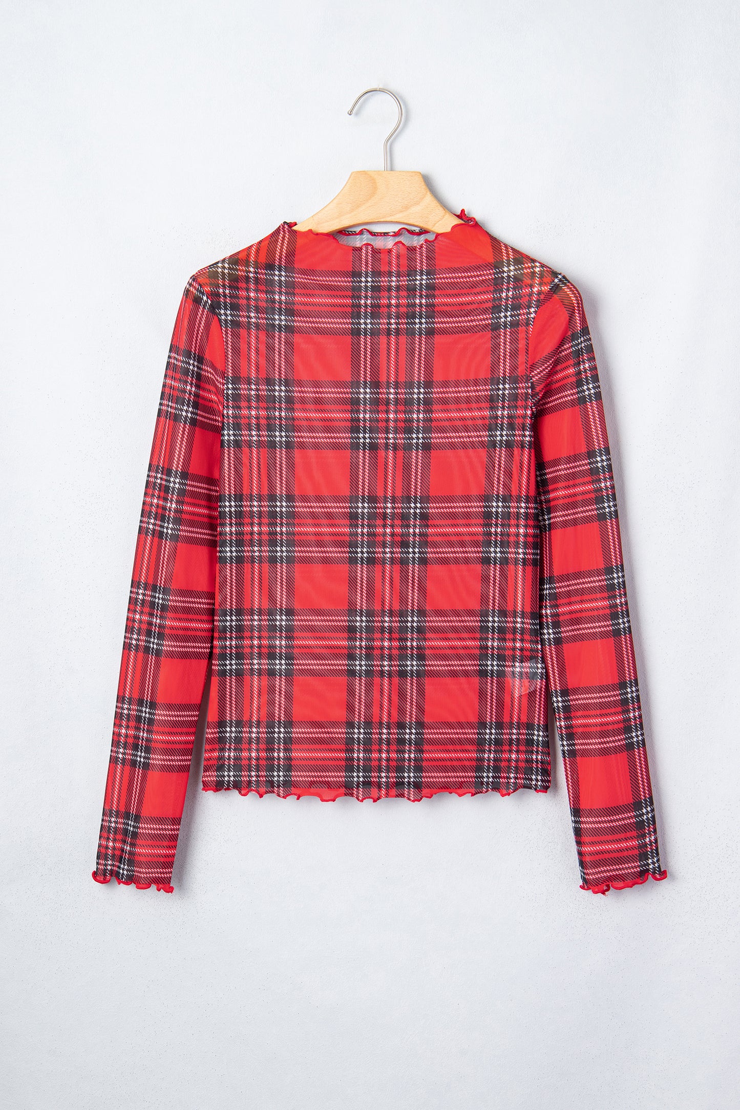 Plaid Mesh Lettuce Trim Long Sleeve Top