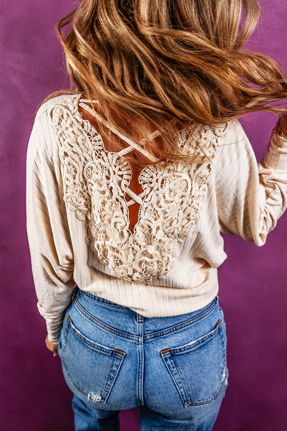 Lace Open Back Ribbed Top