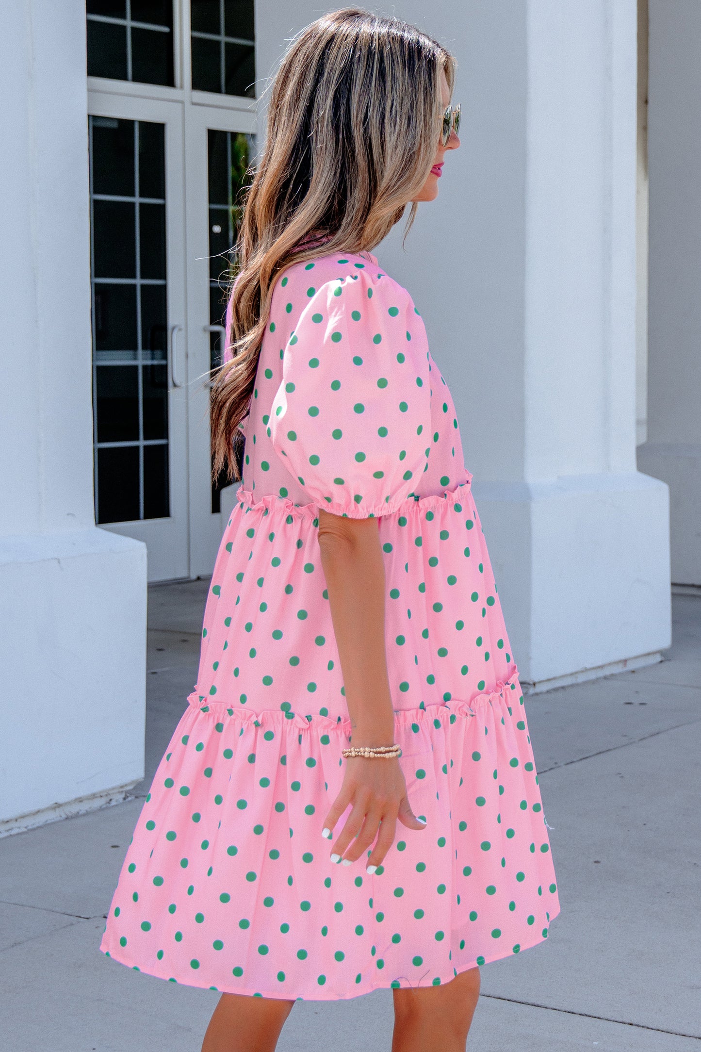 Polka Dot V-Neck Short Sleeve Tiered Mini Dress