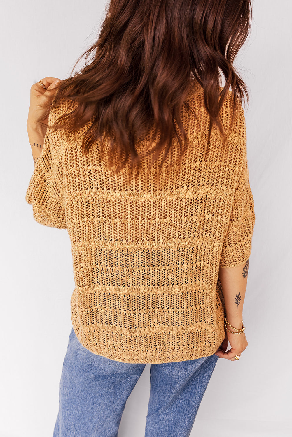 Hollow-Out Openwork Knit 3/4 Sleeve Sweater