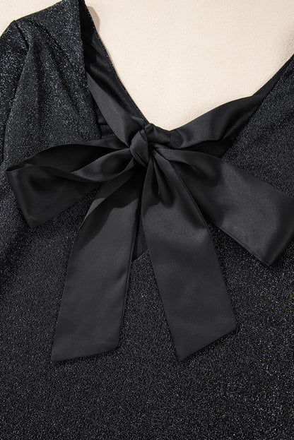 Metallic Satin Bow Open Back V-Neck Top