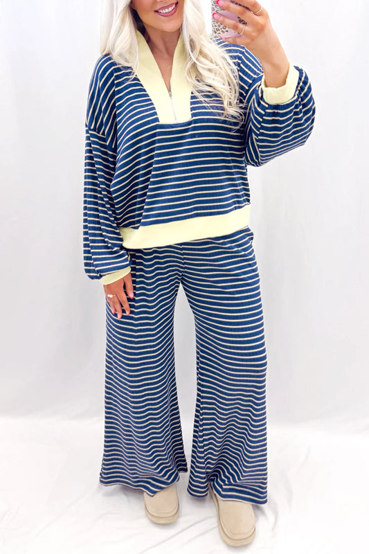 Stripe Colorblock Zip V-Neck Pullover and Pants Set