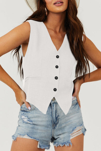 Solid V-Neck Button-up Vest