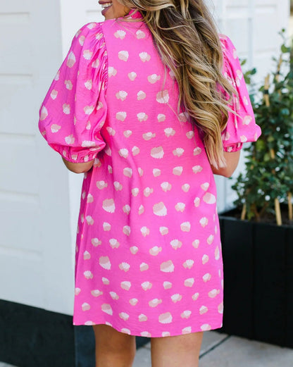 Dotted Shirred 3/4 Puff Sleeve Dress