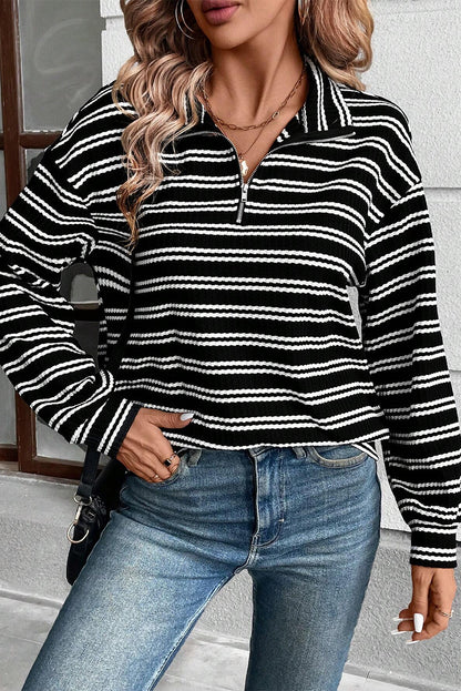 Stripe Zip Collar Long Sleeve Top