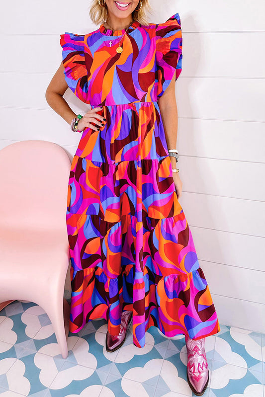 Abstract Ruffle Tiered Maxi Dress