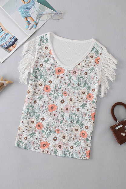 Floral Colorblock Crochet Fringe Top