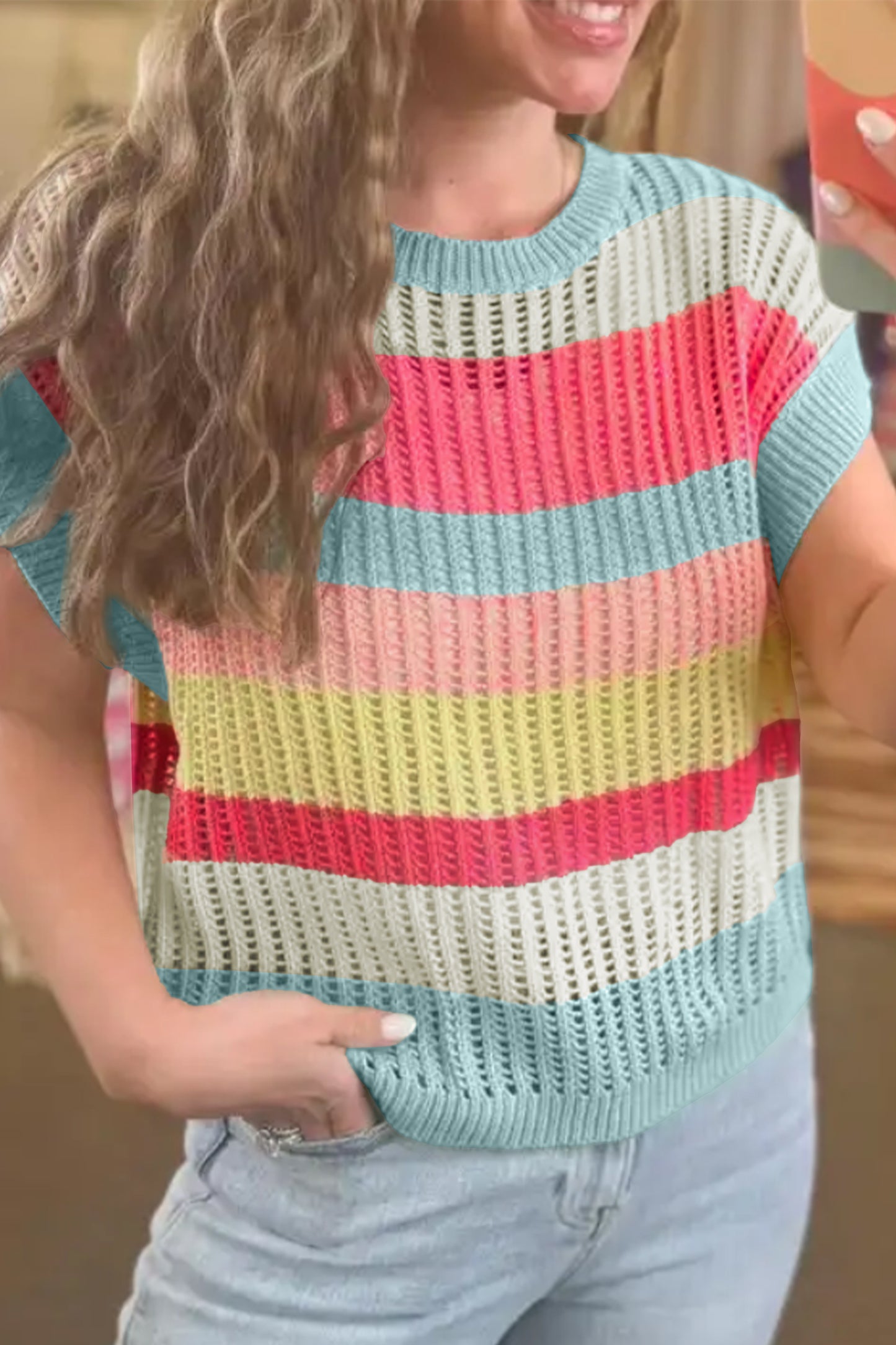 Stripe Colorblock Hollow-Out Short Sleeve Sweater