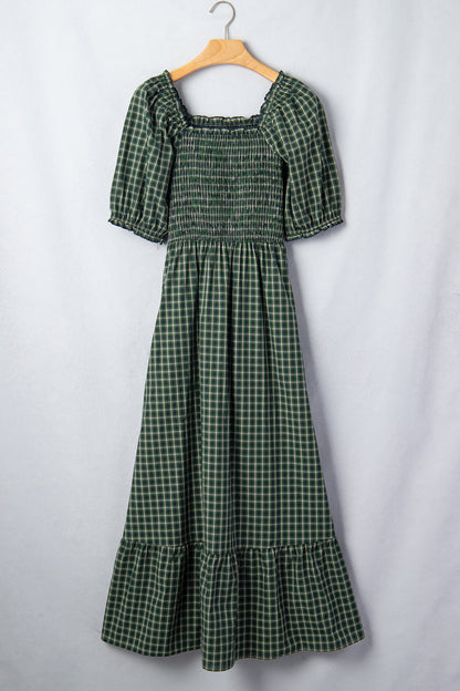 Plaid Shirred High Waist Square Neck Ruffle Hem Dress
