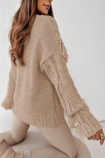 Cable Knit Tasseled Fringe Sweater