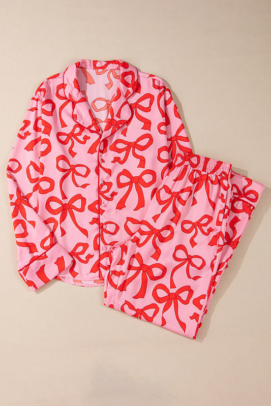 Bow Long Sleeve Top and Pants Pajama Set