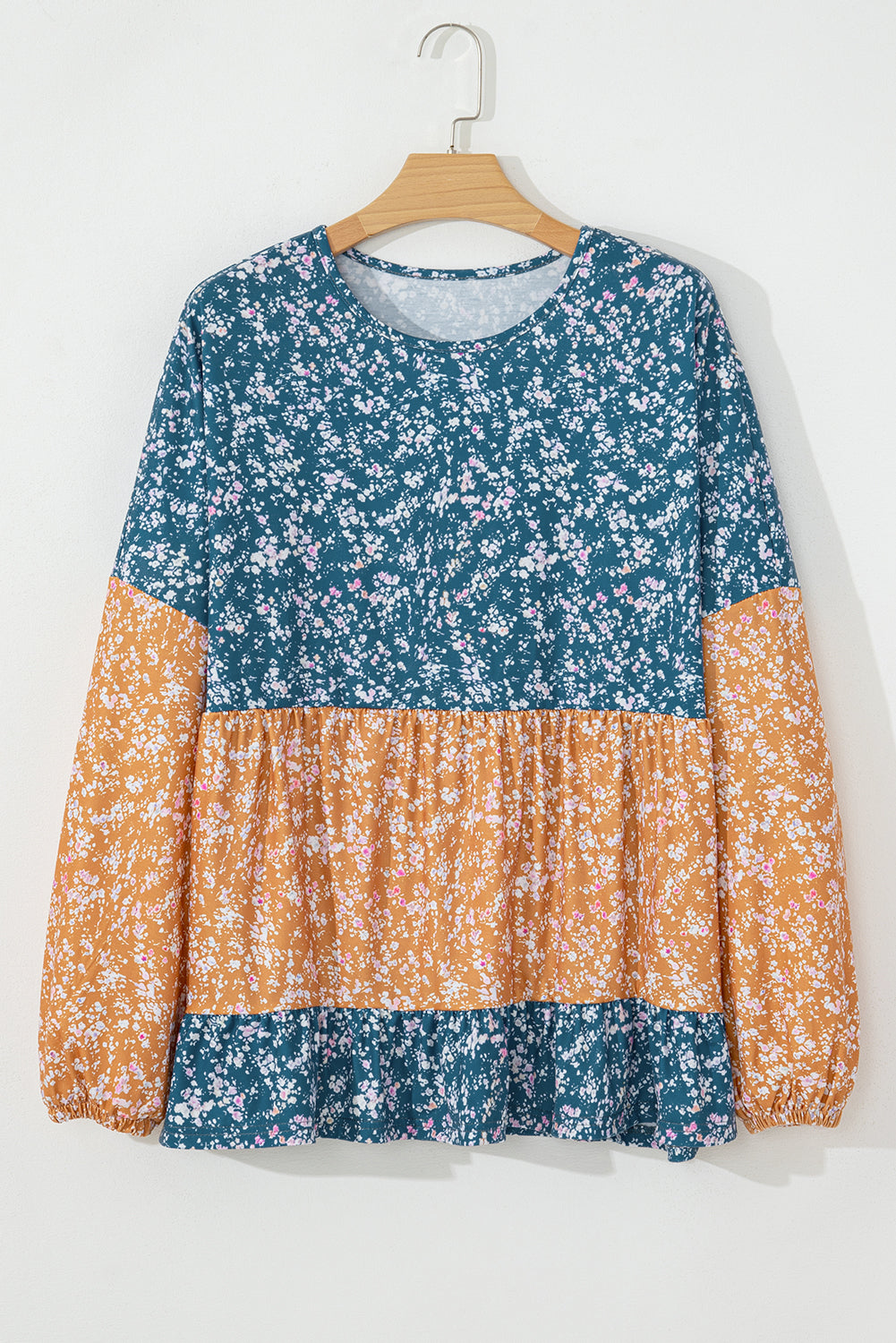 Floral Colorblock Ruffle Hem Blouse