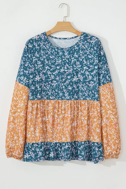 Floral Colorblock Ruffle Hem Blouse