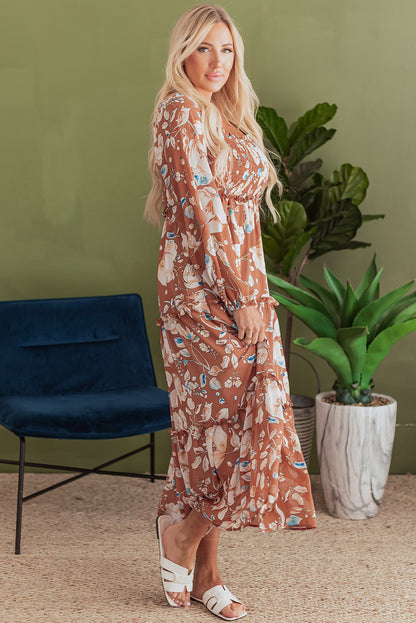 Floral Shirred Square Neck Maxi Dress
