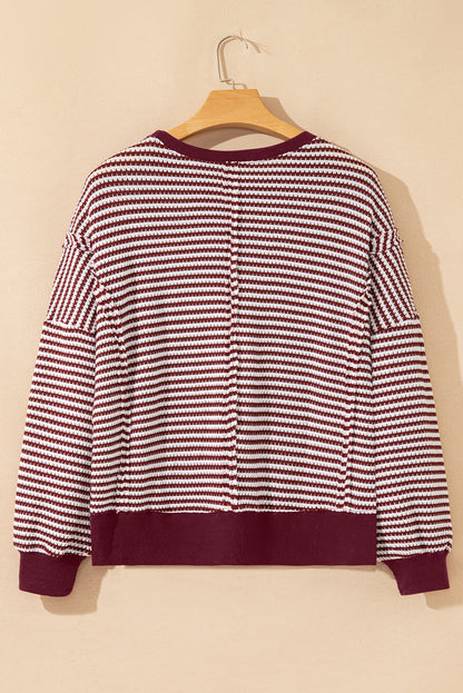 Stripe Ribbed Trim Drop Shoulder Top