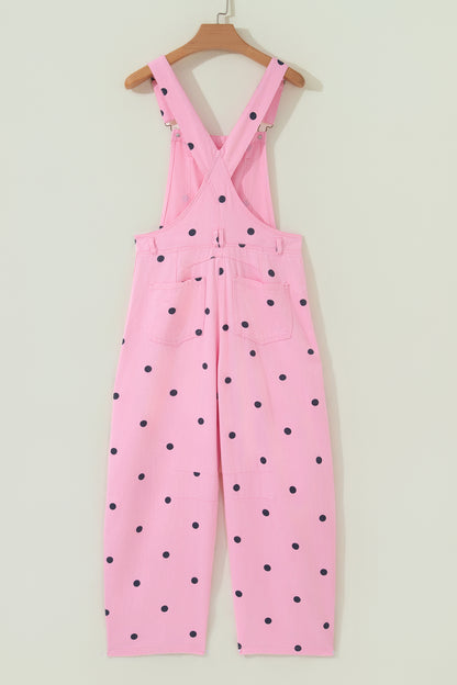 Polka Dot Denim Barrel Leg Overalls Jumpsuit