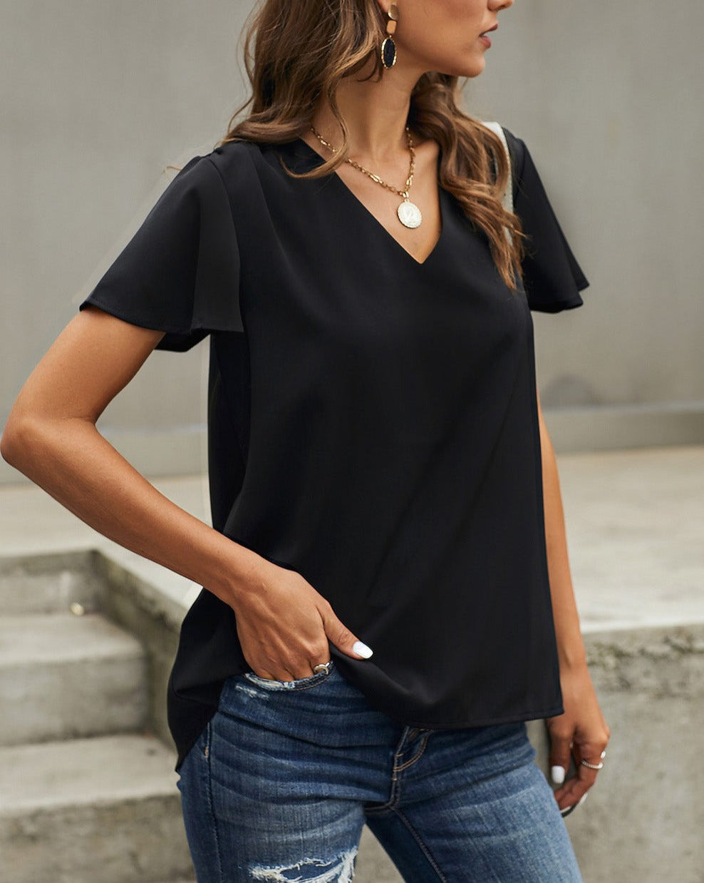 Ruffle Short Sleeve V-Neck Tee