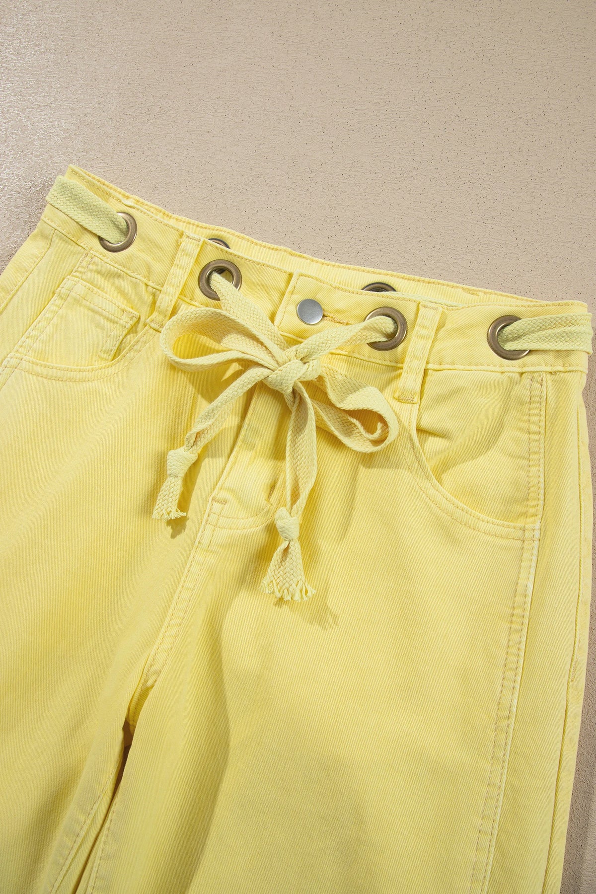 Solid Denim Grommet Tie Waist Barrel Leg Jeans
