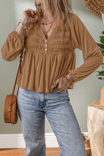 Solid Smocked Split V-Neck Buttoned Blouse
