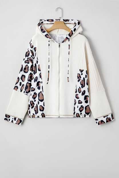 Leopard Waffle Knit Patchwork Zip Up Hoodie