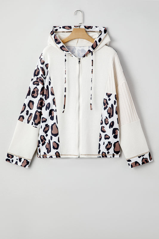 Leopard Waffle Knit Patchwork Zip Up Hoodie