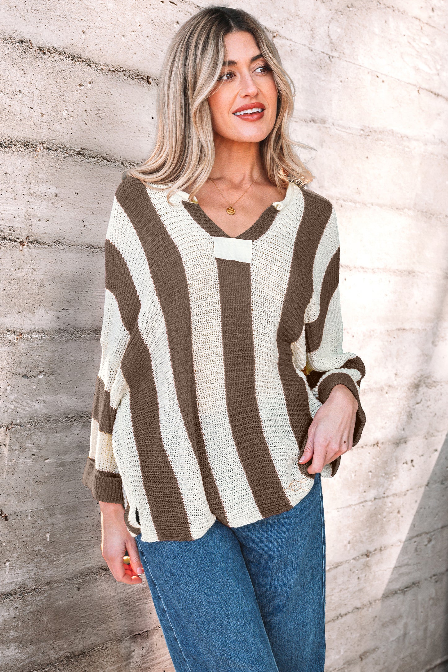 Colorblock Stripe V-Neck 3/4 Sleeve Sweater