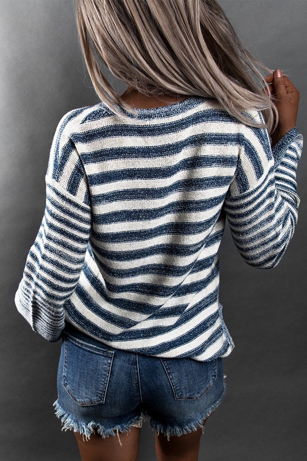 Stripe Lace Up V-Neck Sweater