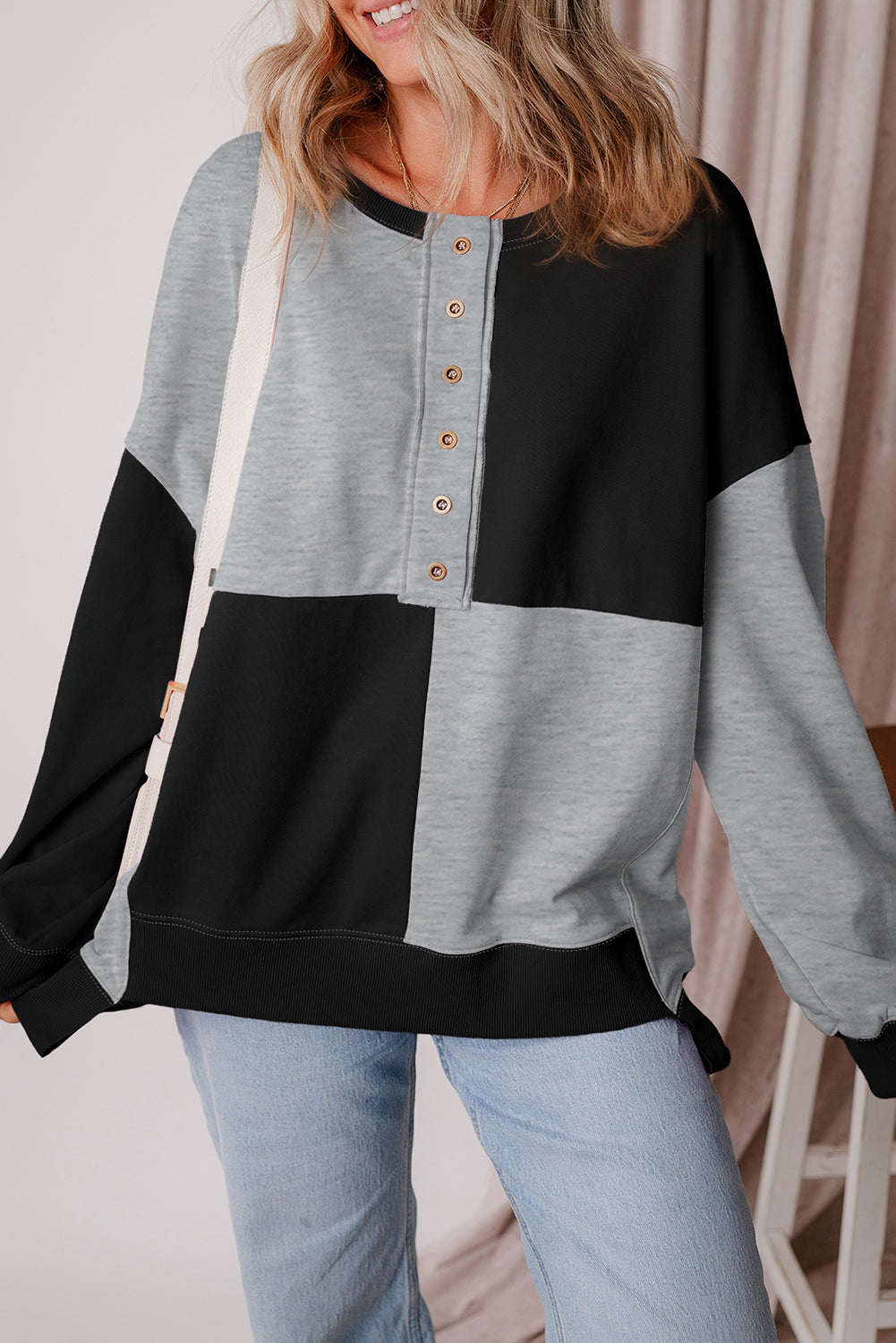 Colorblock Crewneck Henley Sweatshirt