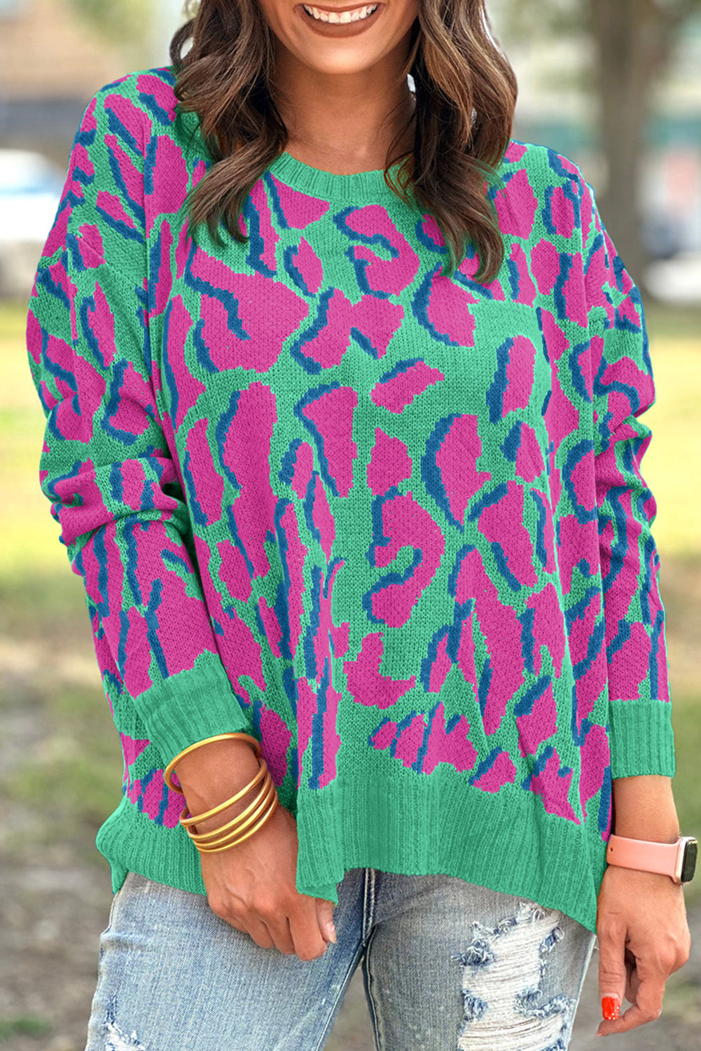 Abstract Leopard Ribbed Trim Sweater