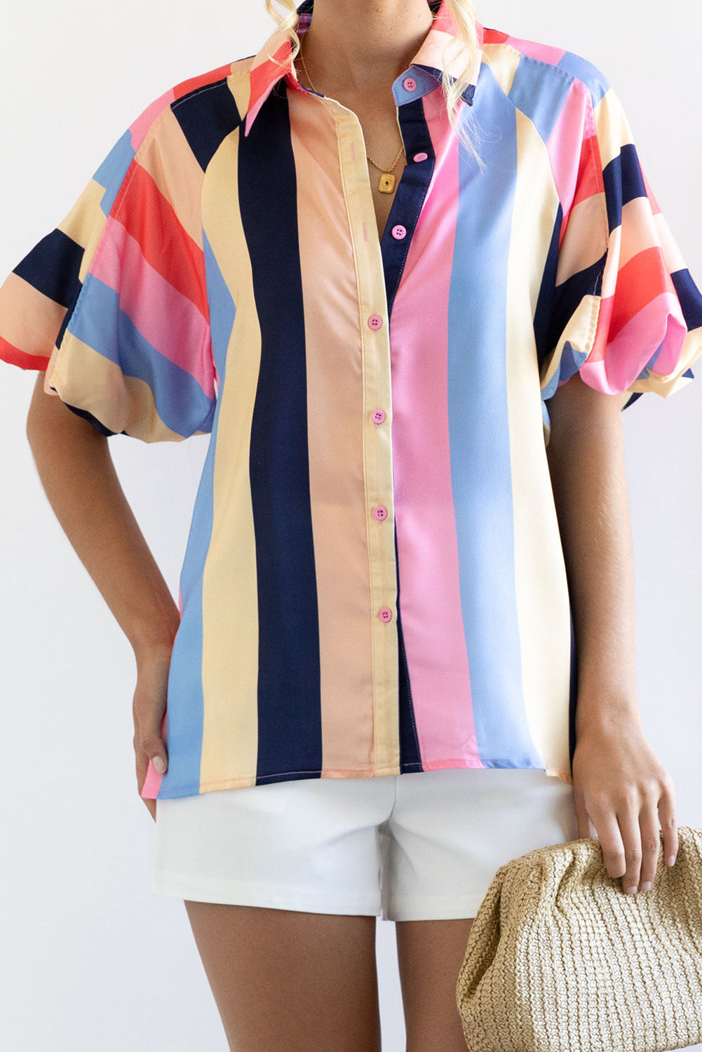 Colorblock Stripe Puff Sleeve Shirt