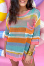 Stripe Colorblock Crochet 3/4 Sleeve Sweater