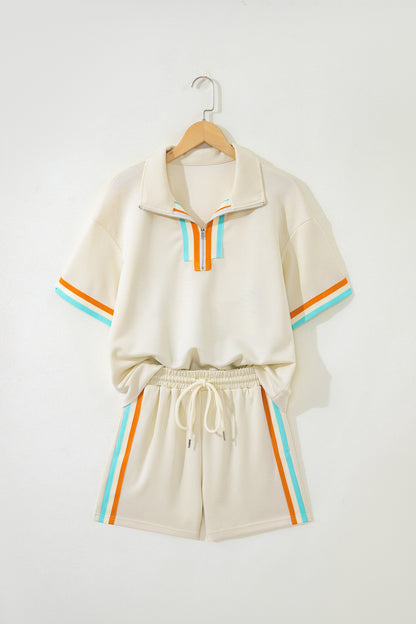 Stripe Half Zip Polo Tee & Shorts Set