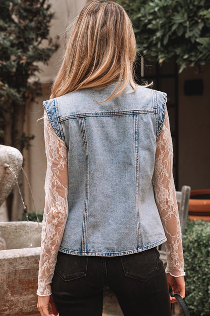 Denim Button-Front Scallop Trim Patch Pocket Vest