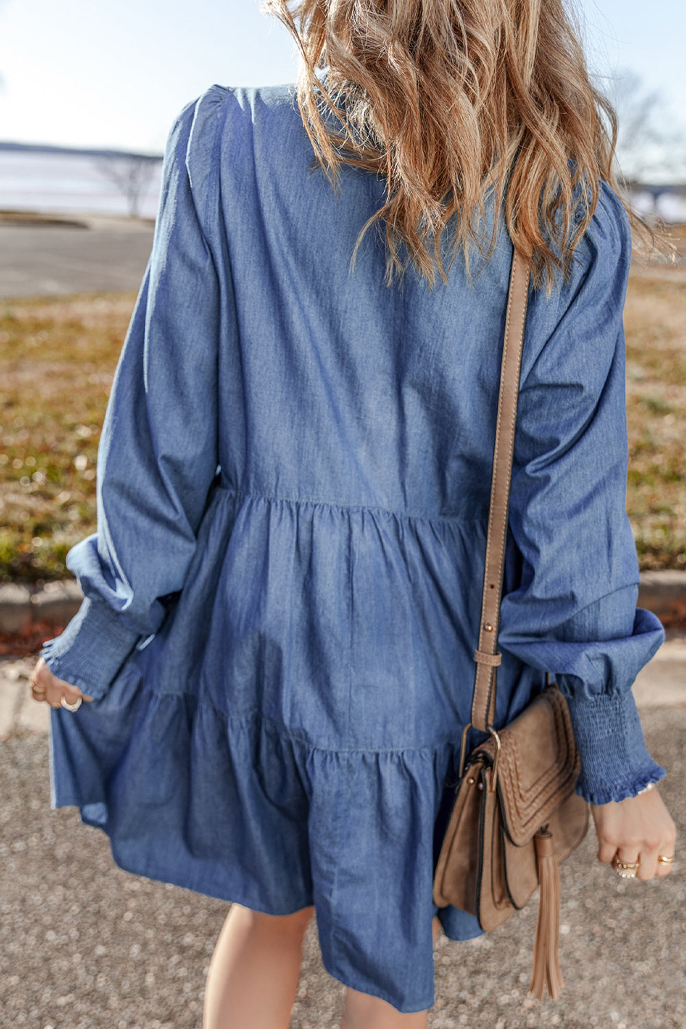 Denim Smocked Long Sleeve Mini Dress