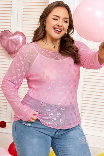 Plus Size Bow Tie Mesh Embroidered Long Sleeve Top