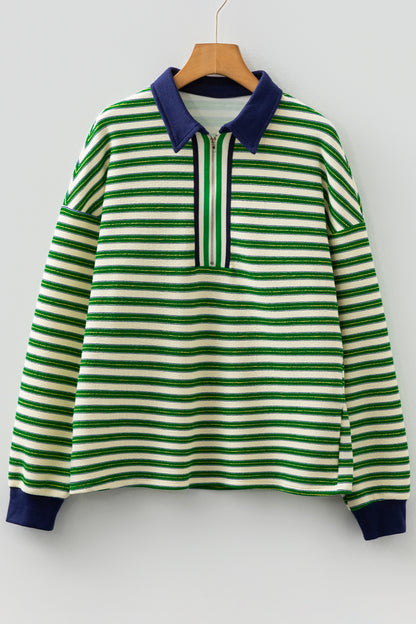 Stripe Contrast Zip Collared V-Neck Long Sleeve Top