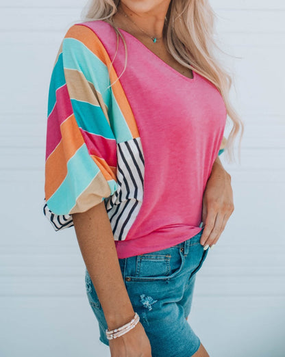 Stripe Colorblock Bubble Sleeve Top