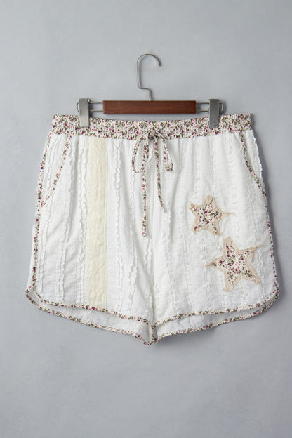 Floral Textured Lace Star Patch Drawstring Shorts