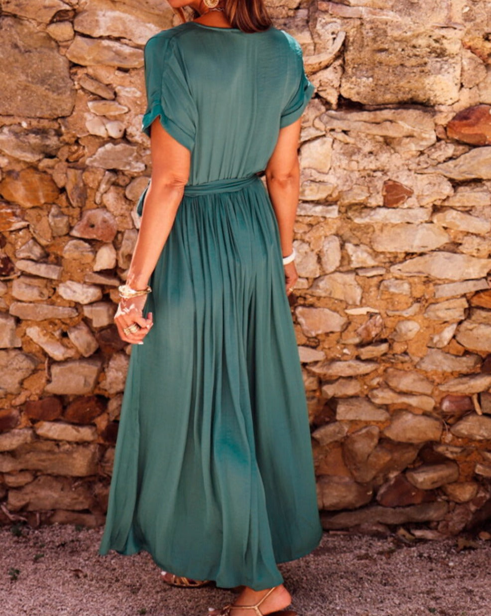 Pleated V-Neck Wrap Maxi Dress