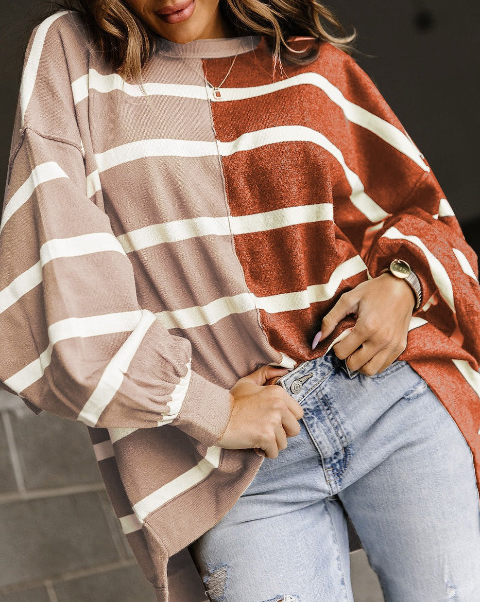 Stripe Colorblock Dropped Shoulder Top