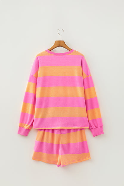 Stripe Long Sleeve Top & Drawstring Shorts Set