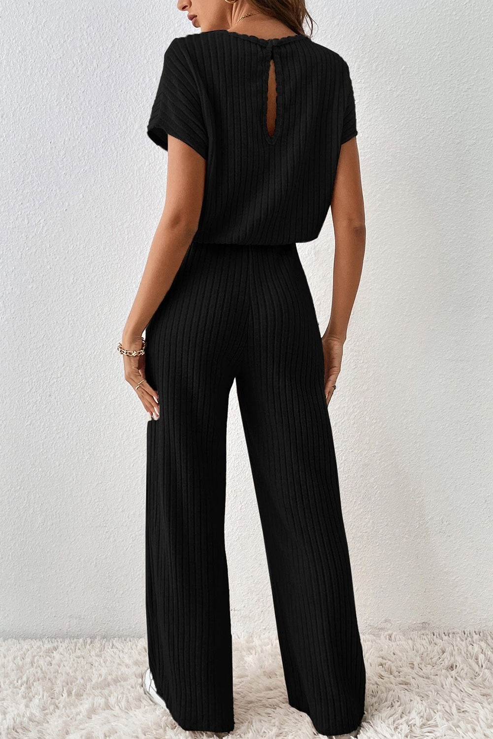 Ribbed Short Sleeve Wide Leg Jumpsuit