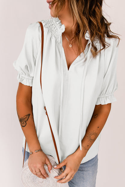 Frilled Split V-Neck Blouse