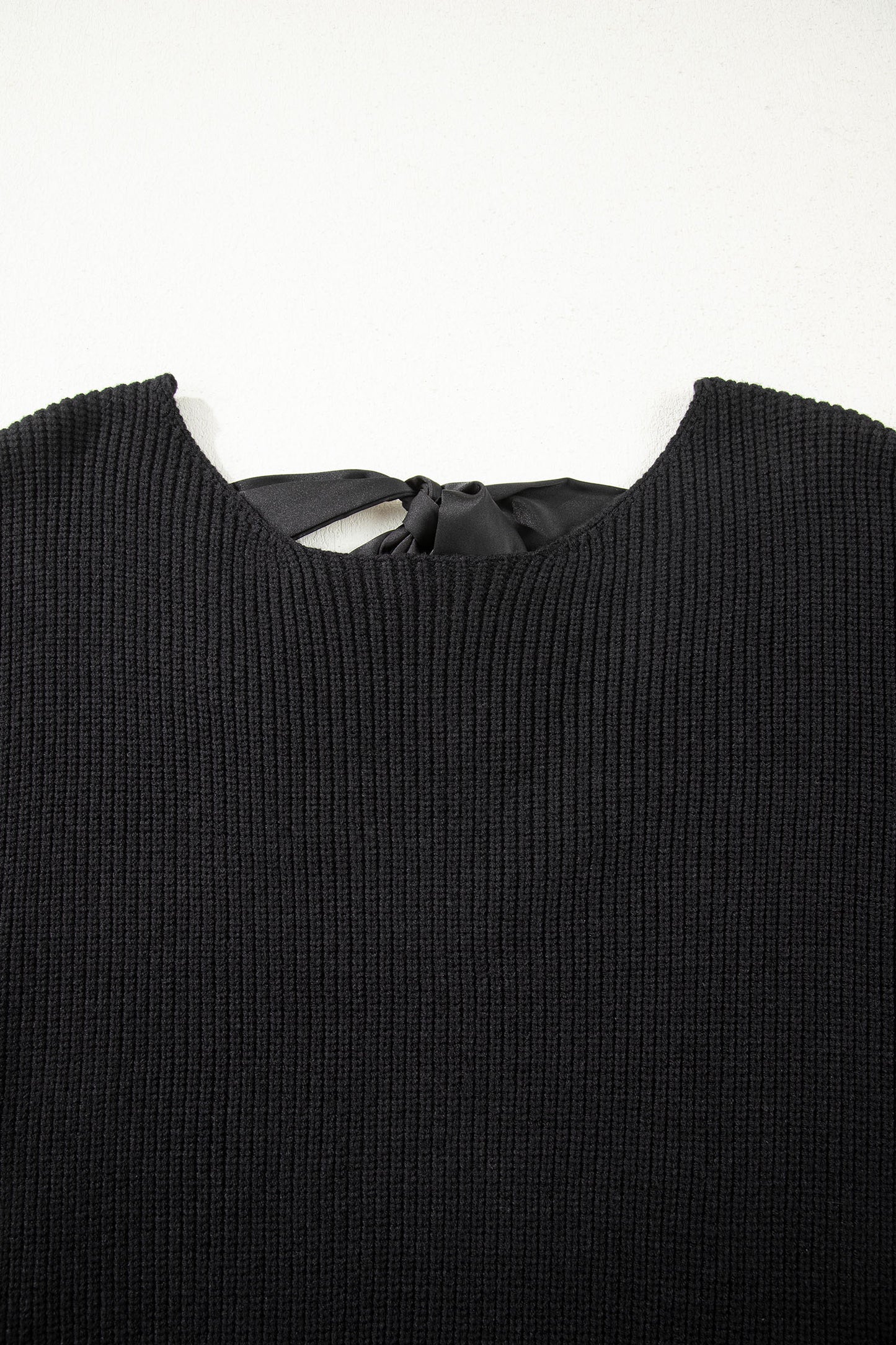 Ribbon Knot Backless Drop Shoulder Ribbed Sweater