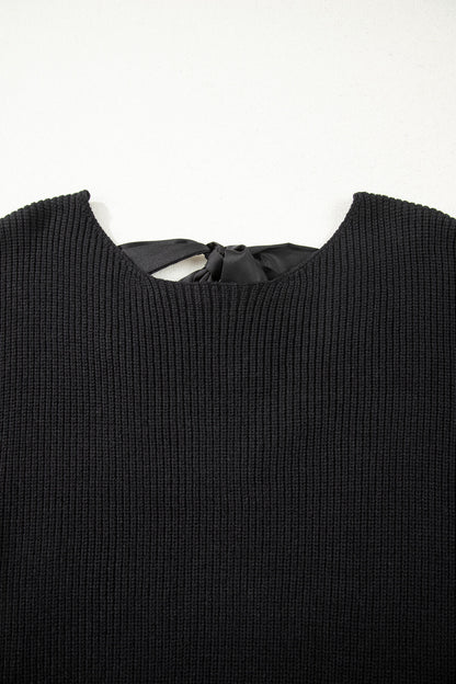 Ribbon Knot Backless Drop Shoulder Ribbed Sweater